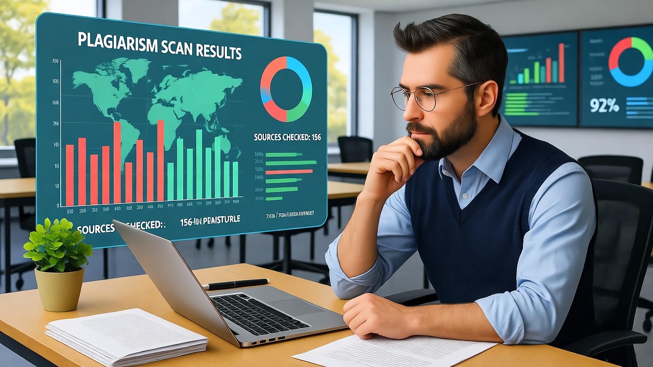 A man wearing glasses and business casual clothing analyzes plagiarism scan results on his laptop in a modern office. A digital dashboard displays global plagiarism statistics, bar graphs, and pie charts showing data sources and checked content. The workspace features natural lighting, plants, and multiple screens, highlighting data analysis, academic integrity, and digital research.